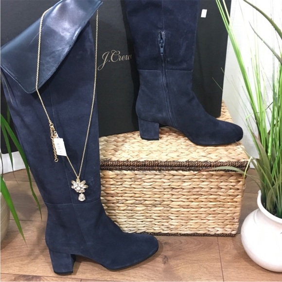 NEW J CREW OVER THE KNEE NAVY BLUE LEATHER/SUEDE BOOTS - Picture 1 of 12